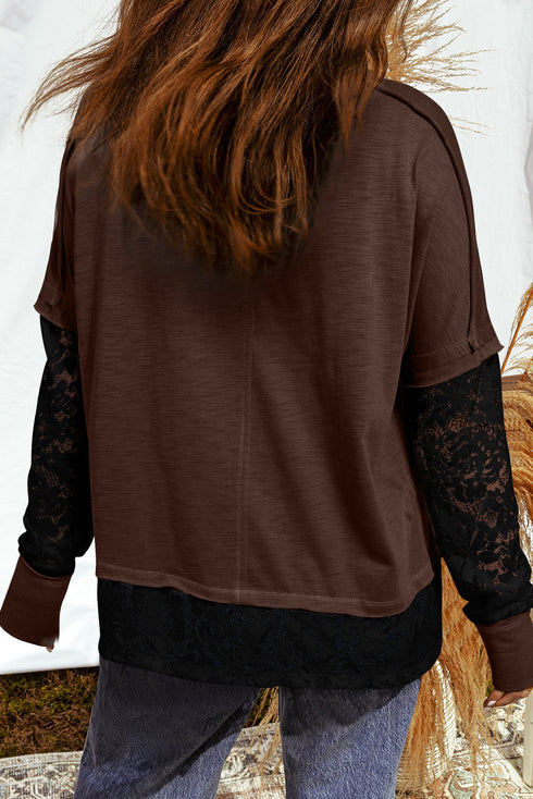 Sheer Lace Patchwork Faux Layered Long Sleeve Top